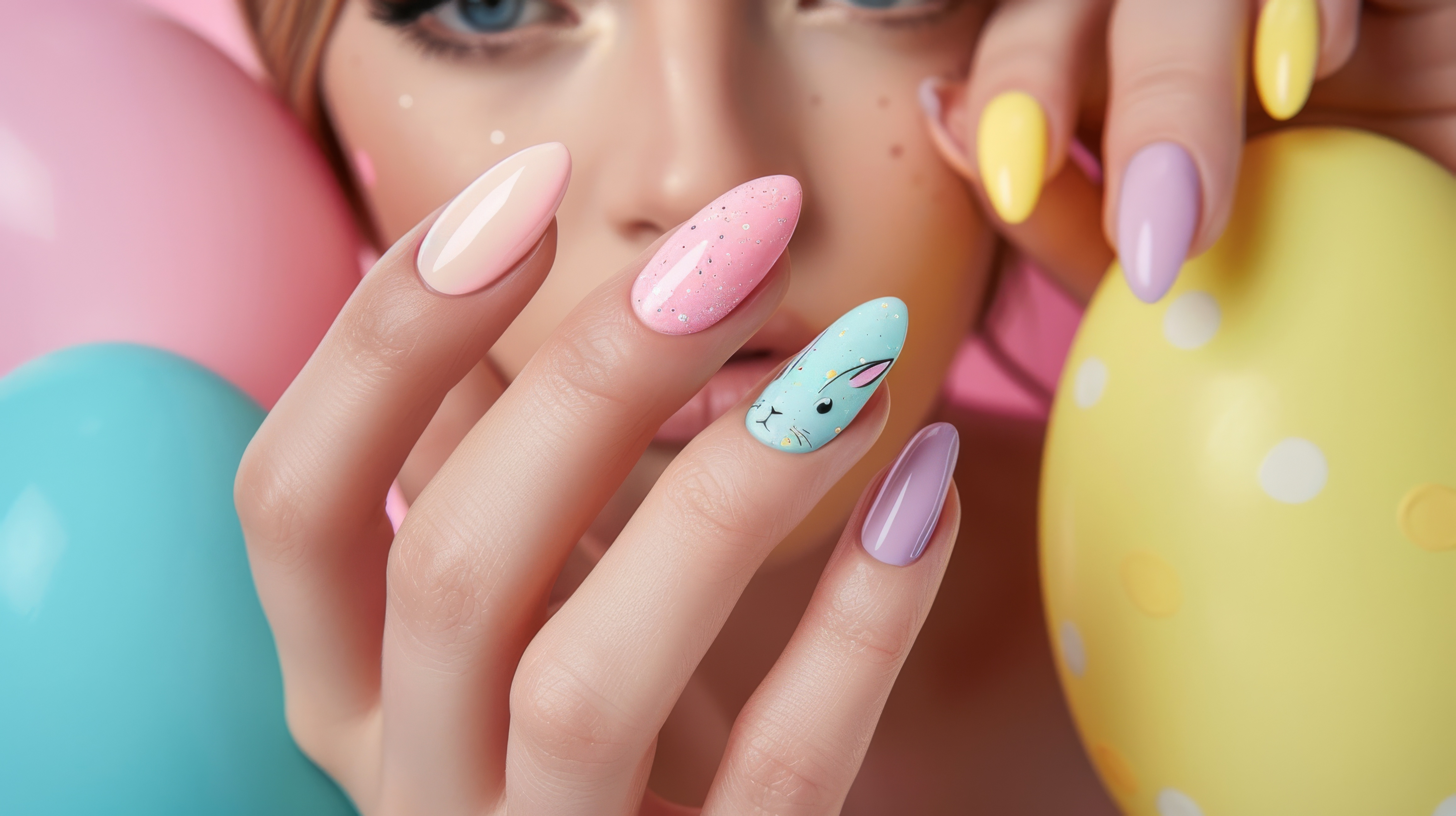 Colorful pastel nail art with a glossy finish