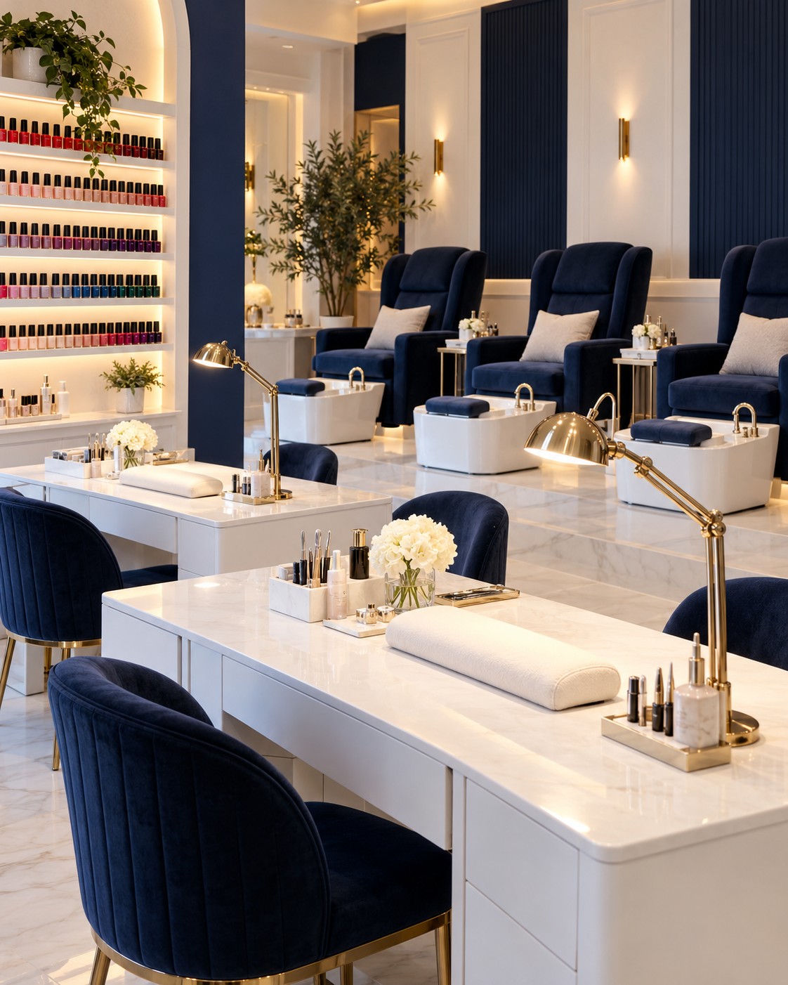 Illustrative nail spa interior with manicure tables, nail polish displays and pedicure chairs